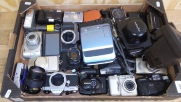 A box of mixed cameras including Olympus compacts, Cannon, Nikon, Polaroid, etc.