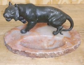 A cold painted spelter tiger on marble base, length 28cm.