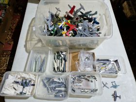 Two boxes of model planes, one of metal planes including Dinky etc and one plastic.