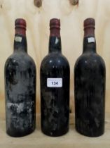 Three bottles of vintage Taylor's port, lacking labels, red seal, vintage unknown, possibly 1940s/