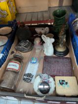 A box of mixed collectables including antique Ally Sloper character jug, Quinol apothecary bottle,