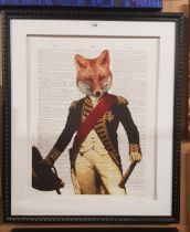 A modern limited edition print depicting a fox in military uniform, indistinctly signed, 37cm x