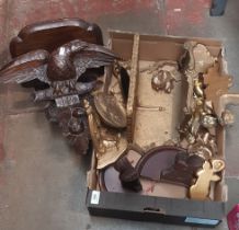 Box of items inc. carved wooden eagle bracket