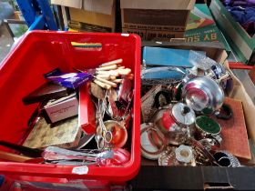 Two boxes of mostly metalware & silver plated items.