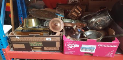 Two boxes of metal ware including copper, brass and plated wares
