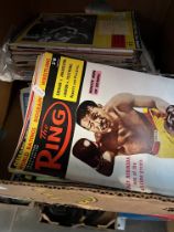 A box of mostly sport magazines, boxing, football, etc, including 'The Ring'.