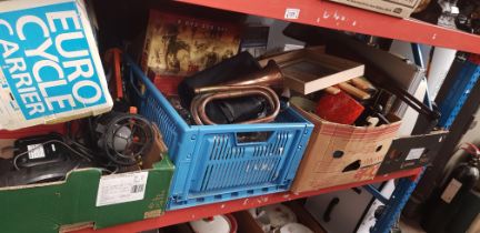 Five boxes of mixed items including a copper and brass bugle, pictures, glass ware, pottery,