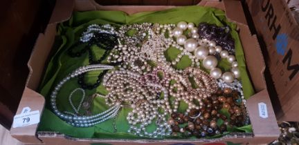 A box of costume jewellery including simulated pearls, freshwater pearls, necklaces, etc.