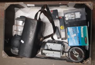 A Bell and Howell cine camera, a railway lamp, lead acid batteries, 2 heaters etc