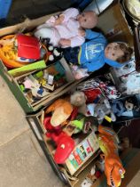 2 boxes of assorted toys to include vintage doll house furniture etc.