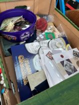 A box of assorted GB, world coins, banknotes and coin covers etc.