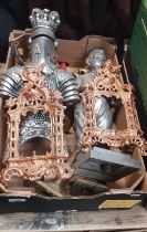A box of metalware including metal urn, knight in armour figure, brass candlesticks etc