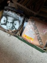 Two boxes of vinyl LP records including Elvis, Jay-Z, Tears for Fears, Showaddywaddy, Limahl etc,