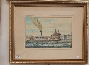 R W Dipple (British 20th century), watercolour, Liverpool scene with ferry in front of the Liver