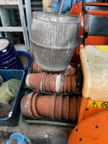 A galvanised dolly tub and watering can, and three boxes of earthenware plant pots