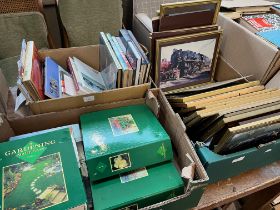 3 boxes including a box of transport orientated prints, a box of gardening magazines, and a box of
