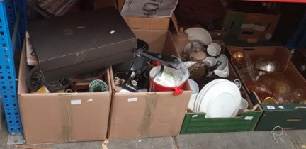 4 boxes of mixed glass ware, pottery, kitchenalia, clock and an ammo tin containing tools etc