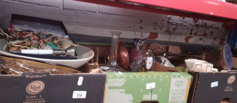 Three boxes of mixed ceramics , glass, brass trivet, copper, clock, and includes 3 decanters and a