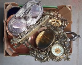 Assorted metal ware including a brass clock etc.