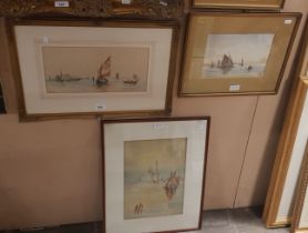 Three watercolours; a Venetian scene with boats signed 'E Parrini', boats on calm water signed 'G