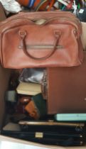 A box of handbags, purses, empty jewellery boxes and a small Masonic type lockable leather case with