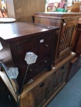 A mixed lot comprising oak sideboard, floor standing lamp, 2 brass table lamps, mahogany drawers and