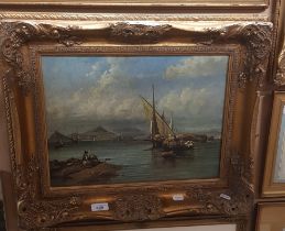 After C Stanfield (1793-1867), oleograph, coastal scene with boats, 39.5cm x 29cm, gilt frame, 55.