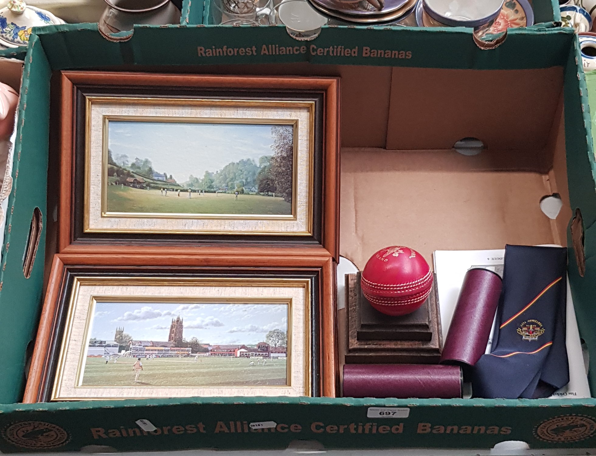 Two cricket prints, cricket ball etc.