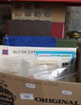 A box containing UK stamps, first day covers, postcards, etc.