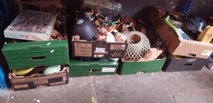 Eight boxes of miscellaneous items including children's toys, action figures, pottery, glass,