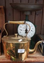 Vintage Salter family scales and a brass teapot.
