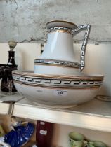 A wash bowl and jug with Greek key design.