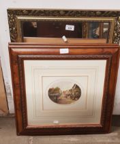 Two French coloured etchings and a gilt framed mirror.