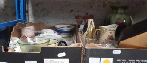2 boxes of assorted pottery and glass ware including jugs, vases, travelling games compendium etc