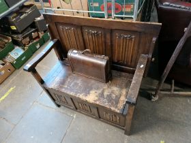 An oak Monk's bench and a wooden case/wine carrier