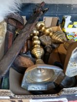 A box of metalware including brass candle sticks, 3 small pewter jugs, set of 3 copper measuring