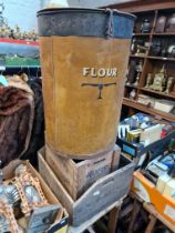 A enamelled metal flour bin and two vintage wooden crates, one from Howarth & Airey winery,