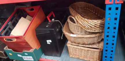 A mixed lot of household items including wicker baskets, Sony cameras, metal safe, cutlery, steak
