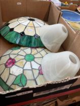 Two Tiffany style ceiling light shades and a pair of glass wall light shades.