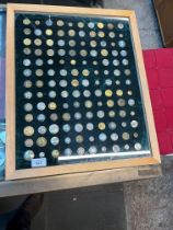 A display case containing 130 transport uniform buttons, trams, railway, mainly Unite States, also