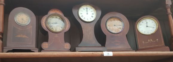 3 balloon clocks and 2 other mantle clocks