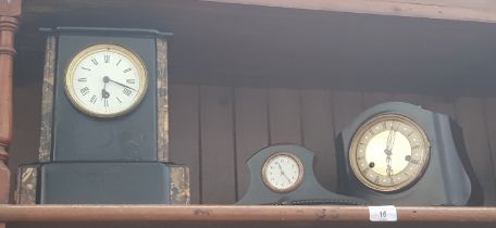 A slate mantle clock with key, a Smiths mantle clock with key and pendulum, and a small mantle clock