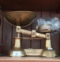 Ornate Arts & Crafts solid brass kitchen scales with Avery brass weights.