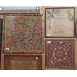 Three framed antique textiles including a needlework poem dated 1766.