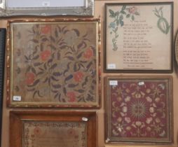 Three framed antique textiles including a needlework poem dated 1766.