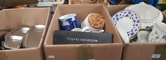 Three boxes of mainly ceramics and metalware, including Waterford Crystal cake server