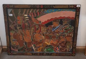 20th century African painting on board, stylised figures with drums, signed 'oFerbRex 90' painted