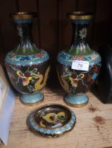 A pair of Chinese cloisonne vases decorated with dragons, together with matching dish.