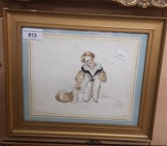 French 19th century school, watercolour study of a young boy and his dog, inscribed 'Jour a