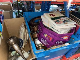 A box of clock parts and spares, lantern, second box ceramics, fly fishing reel and silver plate,